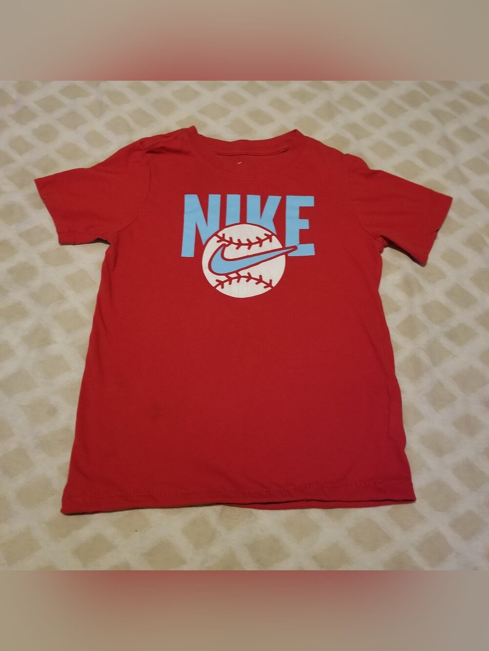 Nike Boy's Small Red Short-Sleeve Baseball Graphic Tee with Blue Logo & Letters